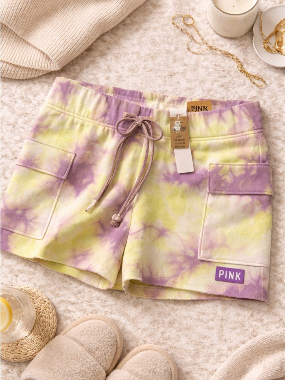 PINK Victoria's Secret Tie-Dye Drawstring Athletic Shorts - Yellow & Purple